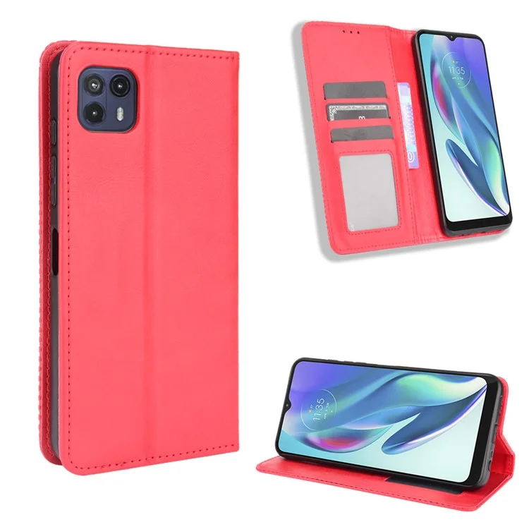 Vintage Style Strong Magnet Drop-Resistant Phone Stand Case Leather Cover with Wallet for Motorola Moto G50 5G - Red