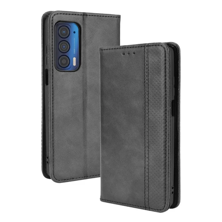 Coperchio in Pelle Per Telefono a Magnete Forte in Stile Vintage Con Portafoglio Per Motorola Edge (2021) - Nero