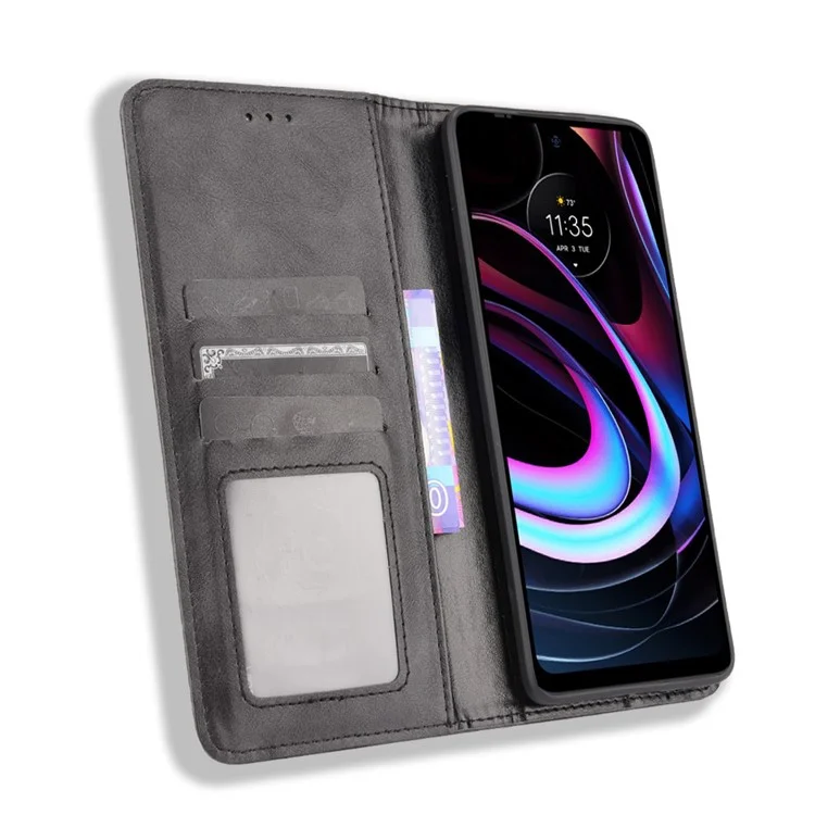 Coperchio in Pelle Per Telefono a Magnete Forte in Stile Vintage Con Portafoglio Per Motorola Edge (2021) - Nero