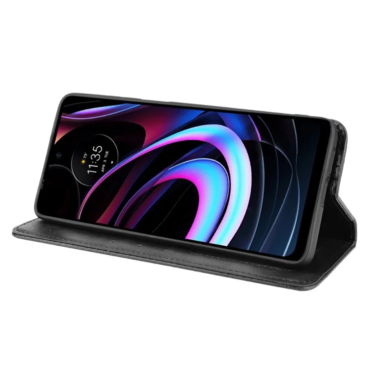 Coperchio in Pelle Per Telefono a Magnete Forte in Stile Vintage Con Portafoglio Per Motorola Edge (2021) - Nero