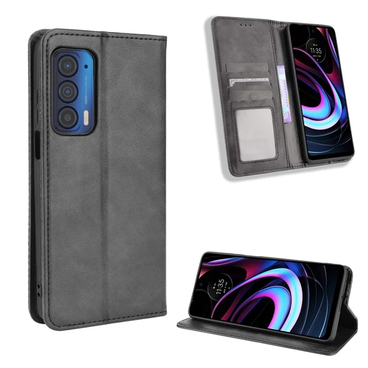 Coperchio in Pelle Per Telefono a Magnete Forte in Stile Vintage Con Portafoglio Per Motorola Edge (2021) - Nero