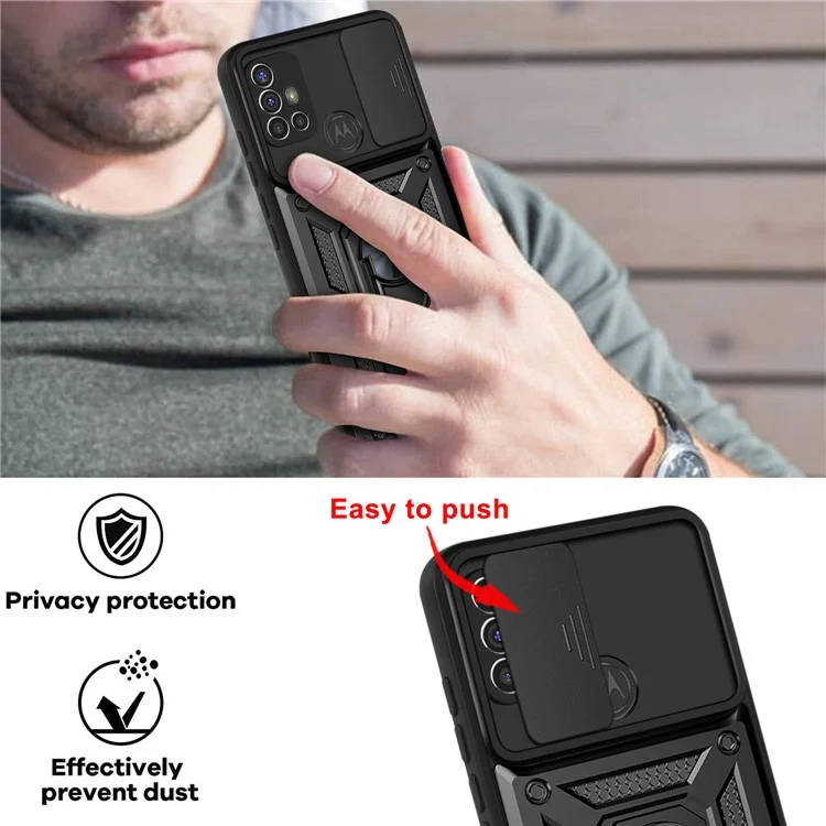 Capa Protetora Híbrida com Capa Deslizante para Câmera, com Suporte em Anel para Motorola Moto G30 - Preta