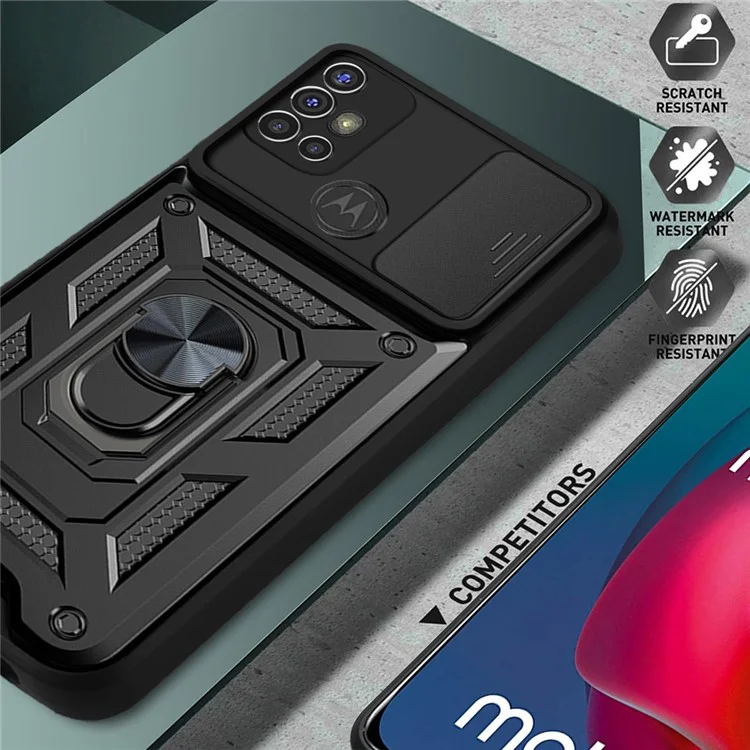 Capa Protetora Híbrida com Capa Deslizante para Câmera, com Suporte em Anel para Motorola Moto G30 - Preta
