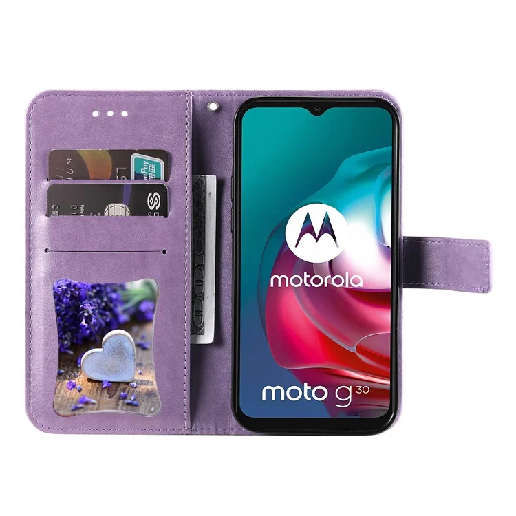Stoßfest Volle Abdeckung Telefon Flip Case Impressum Blumenmuster PU Leder Brieftasche Telefonabdeckung Mit Handgelenkband Für Motorola Moto G10 / G30 / G20 / G10 Leistung - Violett