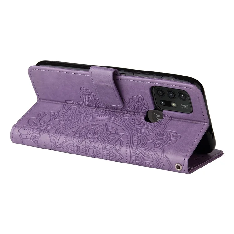 Stoßfest Volle Abdeckung Telefon Flip Case Impressum Blumenmuster PU Leder Brieftasche Telefonabdeckung Mit Handgelenkband Für Motorola Moto G10 / G30 / G20 / G10 Leistung - Violett