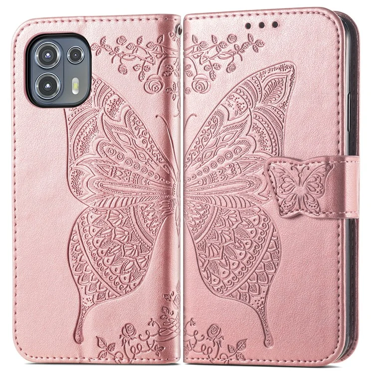 Imprinted Butterfly Flower Pattern Leather Wallet Stand Phone Cover Case for Motorola Edge 20 Lite - Rose Gold