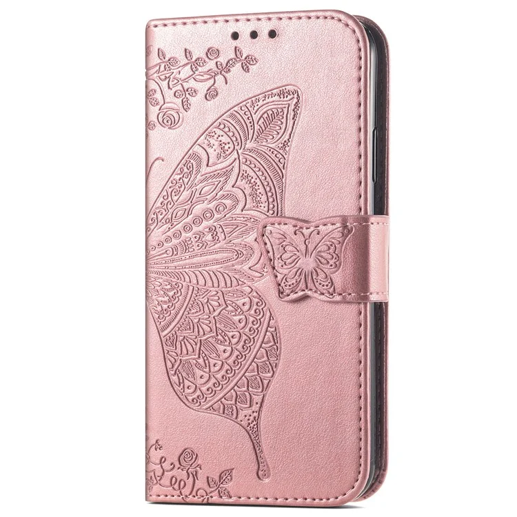 Imprinted Butterfly Flower Pattern Leather Wallet Stand Phone Cover Case for Motorola Edge 20 Lite - Rose Gold