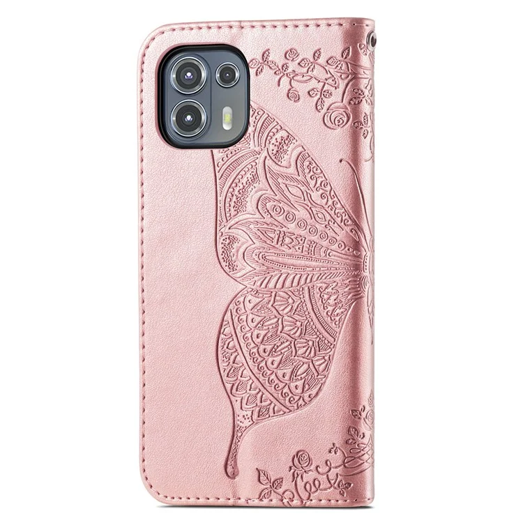 Imprinted Butterfly Flower Pattern Leather Wallet Stand Phone Cover Case for Motorola Edge 20 Lite - Rose Gold