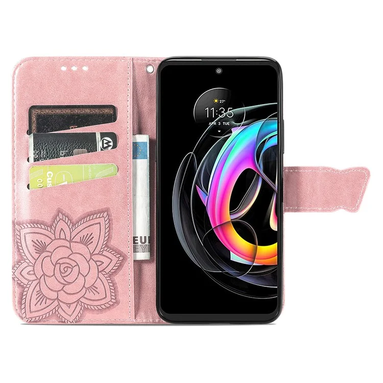 Impreso Mariposa Flor Patrón De Patrón De Cuero Soporte Phone Funda Funda Para Motorola Edge 20 Lite - Oro Rosa