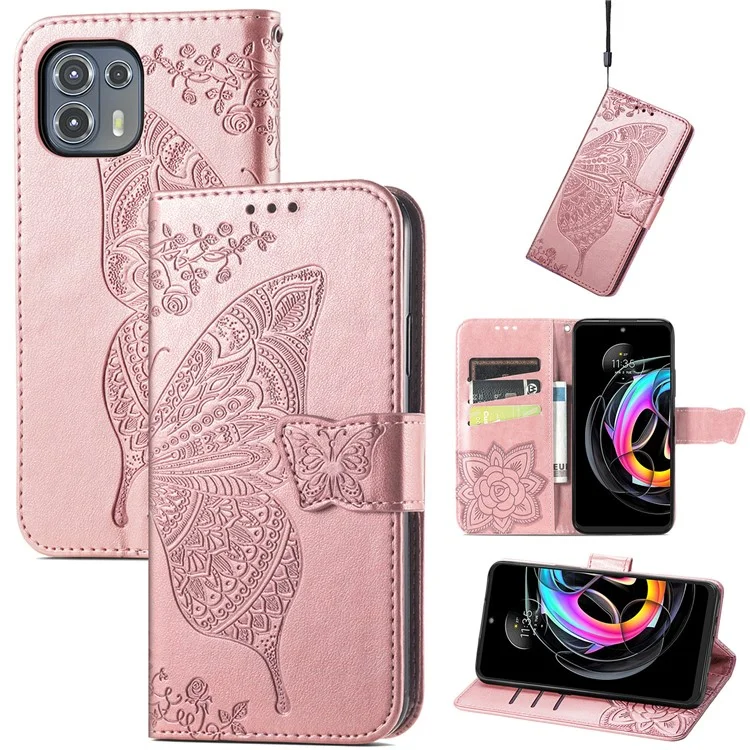 Imprinted Butterfly Flower Pattern Leather Wallet Stand Phone Cover Case for Motorola Edge 20 Lite - Rose Gold