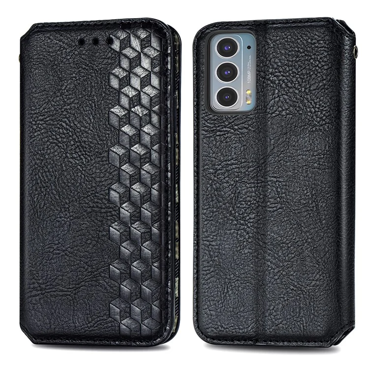 For Motorola Edge 20 PU Leather Case Rhombus Imprint Wallet Stand Phone Cover - Black
