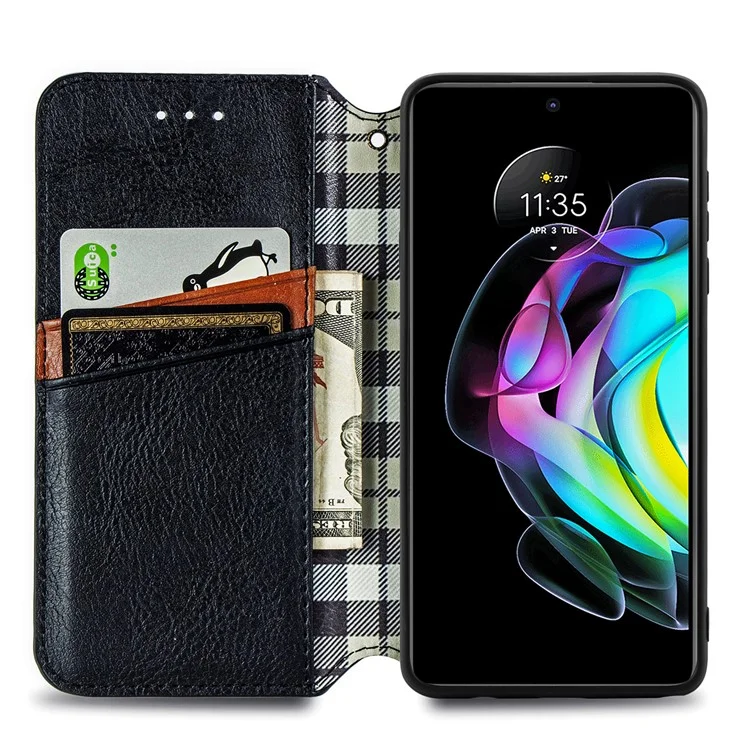For Motorola Edge 20 PU Leather Case Rhombus Imprint Wallet Stand Phone Cover - Black