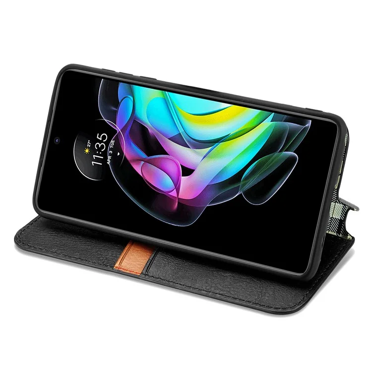 For Motorola Edge 20 PU Leather Case Rhombus Imprint Wallet Stand Phone Cover - Black