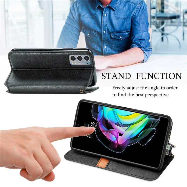 For Motorola Edge 20 PU Leather Case Rhombus Imprint Wallet Stand Phone Cover - Black