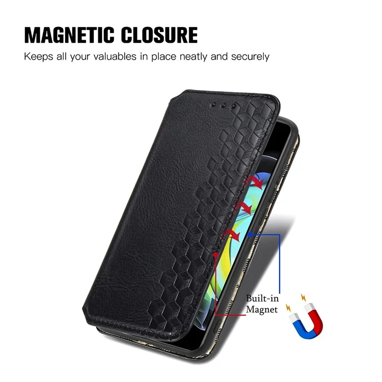 For Motorola Edge 20 PU Leather Case Rhombus Imprint Wallet Stand Phone Cover - Black