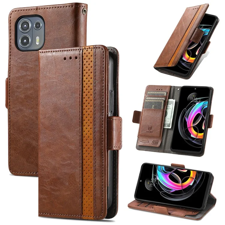 CASENEO 002 Series Estilo empresarial Folio Flip Stand Cartera Caso de cuero a prueba de caídas por splicing para Motorola Edge 20 Lite - Marrón oscuro 
