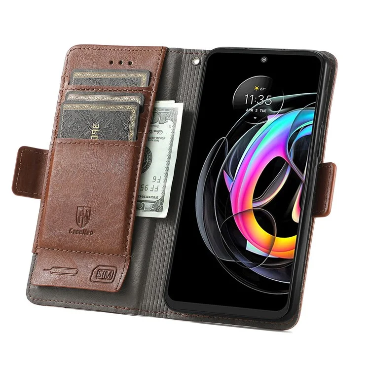 CASENEO 002 Series Estilo empresarial Folio Flip Stand Cartera Caso de cuero a prueba de caídas por splicing para Motorola Edge 20 Lite - Marrón oscuro 