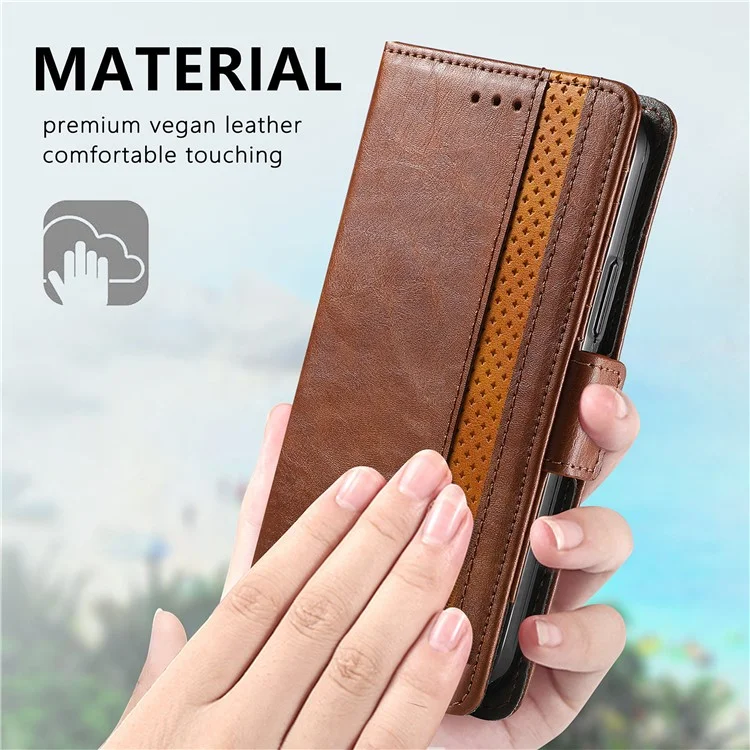 CASENEO 002 Series Estilo empresarial Folio Flip Stand Cartera Caso de cuero a prueba de caídas por splicing para Motorola Edge 20 Lite - Marrón oscuro 