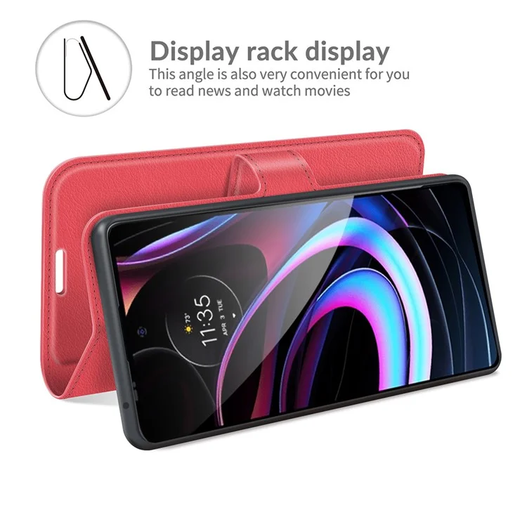 For Motorola Edge (2021) Litchi Skin Phone Case Wallet Stand Design Flip Leather Wallet Phone Cover Shell - Red