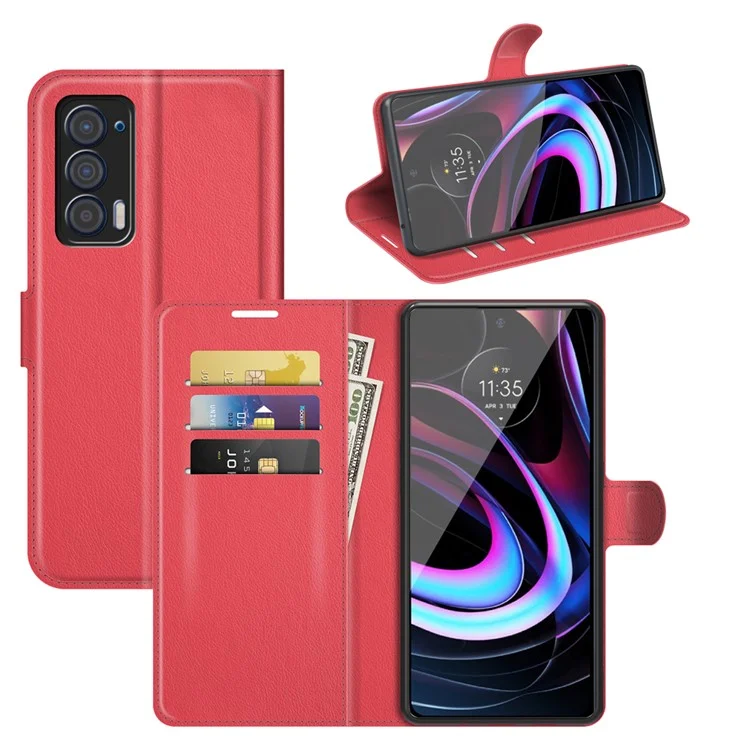 For Motorola Edge (2021) Litchi Skin Phone Case Wallet Stand Design Flip Leather Wallet Phone Cover Shell - Red