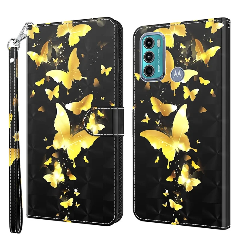 Chockabsorberande 3D-mönstertryckt läderställfodral med plånbok och rem för Motorola Moto G60 - Gyllene fjärilar