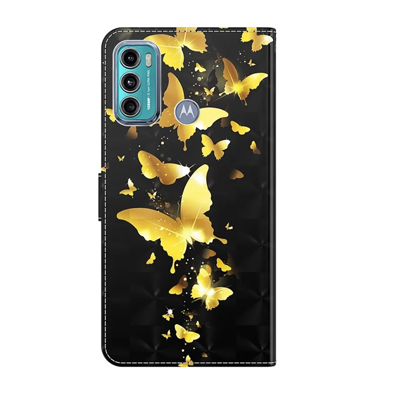 Chockabsorberande 3D-mönstertryckt läderställfodral med plånbok och rem för Motorola Moto G60 - Gyllene fjärilar