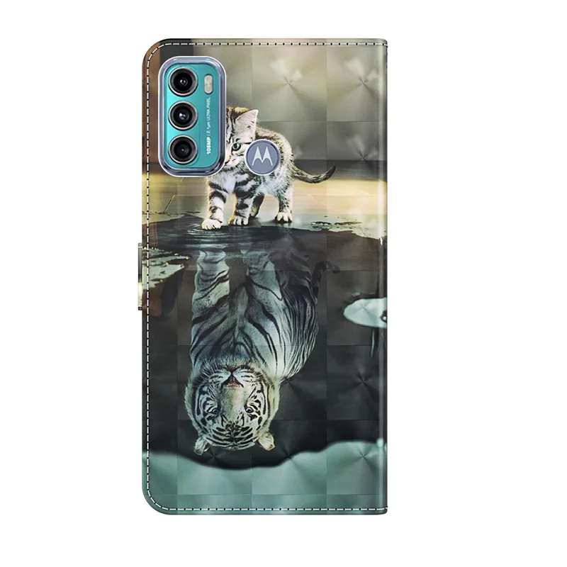 Shock Absorbing 3D Pattern Printing Leather Stand Case Wallet Cover with Strap for Motorola Moto G60 - Cat and Tiger