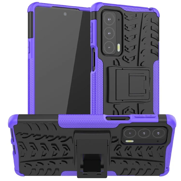 Tire Texture Shock-Absorption Hard PC + TPU Protective Back Cover with Kickstand for Motorola Edge 20 - Purple