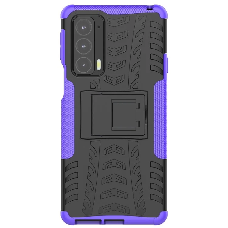 Tire Texture Shock-Absorption Hard PC + TPU Protective Back Cover with Kickstand for Motorola Edge 20 - Purple