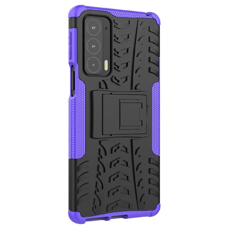 Tire Texture Shock-Absorption Hard PC + TPU Protective Back Cover with Kickstand for Motorola Edge 20 - Purple