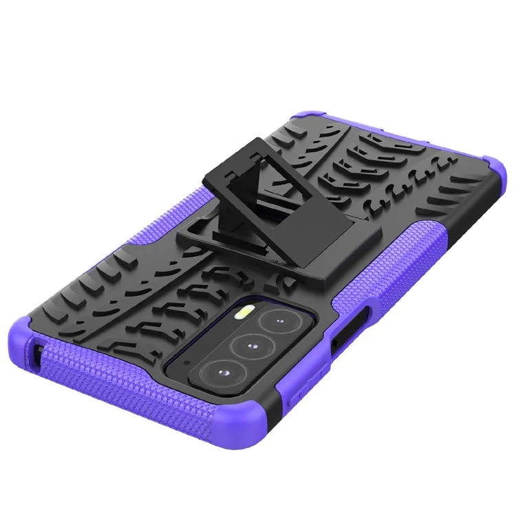 Tire Texture Shock-Absorption Hard PC + TPU Protective Back Cover with Kickstand for Motorola Edge 20 - Purple