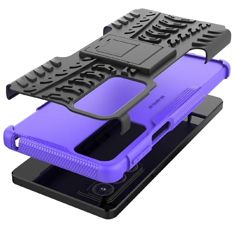 Tire Texture Shock-Absorption Hard PC + TPU Protective Back Cover with Kickstand for Motorola Edge 20 - Purple