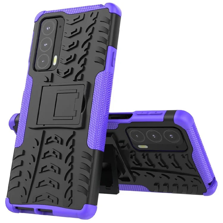 Tire Texture Shock-Absorption Hard PC + TPU Protective Back Cover with Kickstand for Motorola Edge 20 - Purple