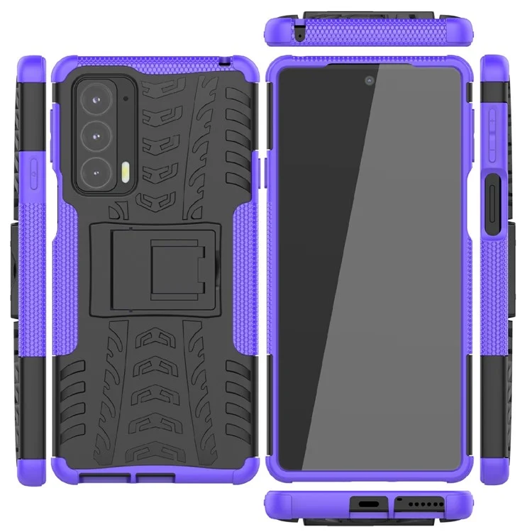 Tire Texture Shock-Absorption Hard PC + TPU Protective Back Cover with Kickstand for Motorola Edge 20 - Purple