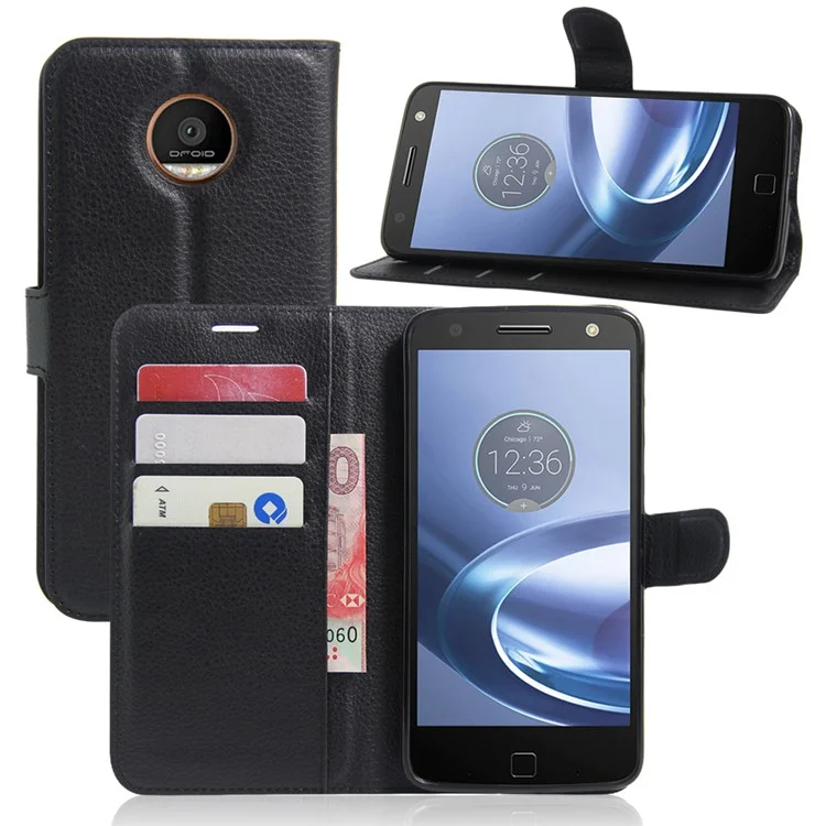 Litchi Skin Leather Wallet Case for Motorola Moto Z Play - Black