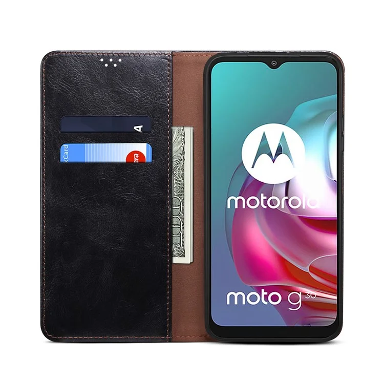 Wallet Stand Waxy Crazy Horse Texture Magnetic Auto-absorbed PU Leather Phone Case Cover for Motorola Moto G30 - Black