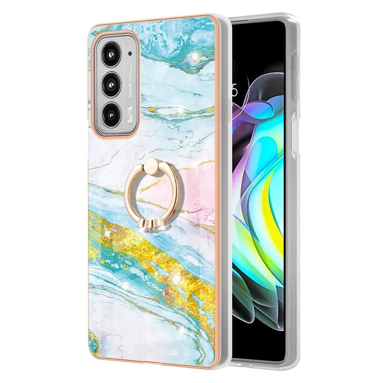 Case with Ring Kickstand Marble Pattern Electroplating TPU Back Cover for Motorola Edge 20 - Green 004