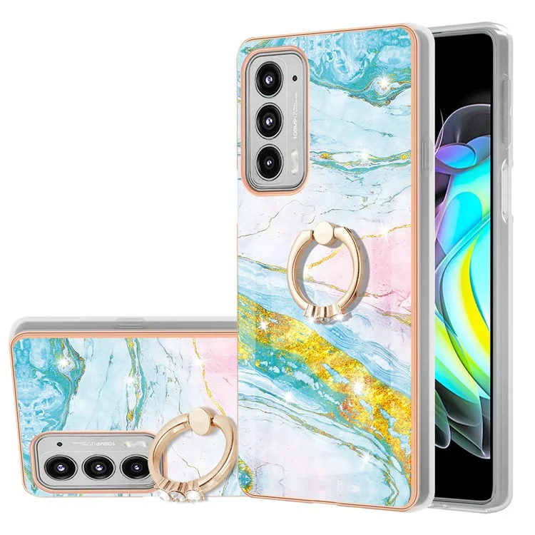 Case with Ring Kickstand Marble Pattern Electroplating TPU Back Cover for Motorola Edge 20 - Green 004