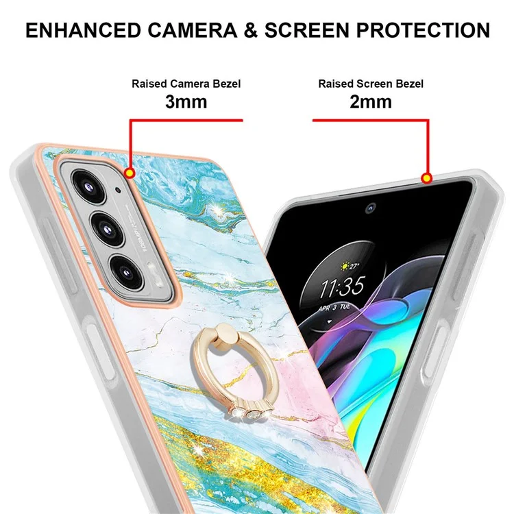 Case with Ring Kickstand Marble Pattern Electroplating TPU Back Cover for Motorola Edge 20 - Green 004