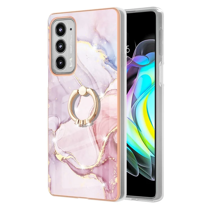 Case with Ring Kickstand Marble Pattern Electroplating TPU Back Cover for Motorola Edge 20 - Rose Gold 005