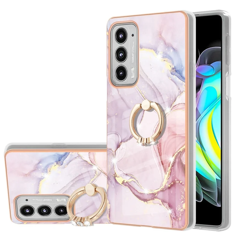 Case with Ring Kickstand Marble Pattern Electroplating TPU Back Cover for Motorola Edge 20 - Rose Gold 005