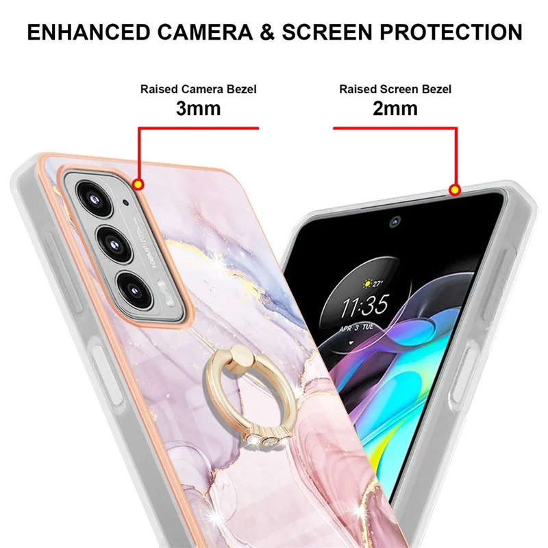 Case with Ring Kickstand Marble Pattern Electroplating TPU Back Cover for Motorola Edge 20 - Rose Gold 005