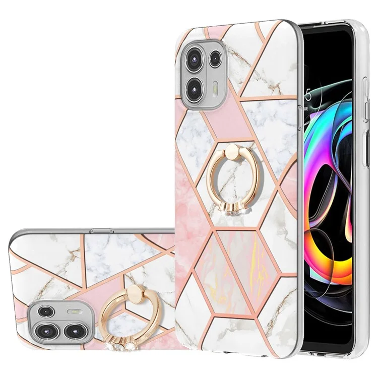 Funda protectora con patrón de mármol, antiarañazos y electrochapeada, con soporte de anillo para Motorola Edge 20 Lite - Rosa/Blanco