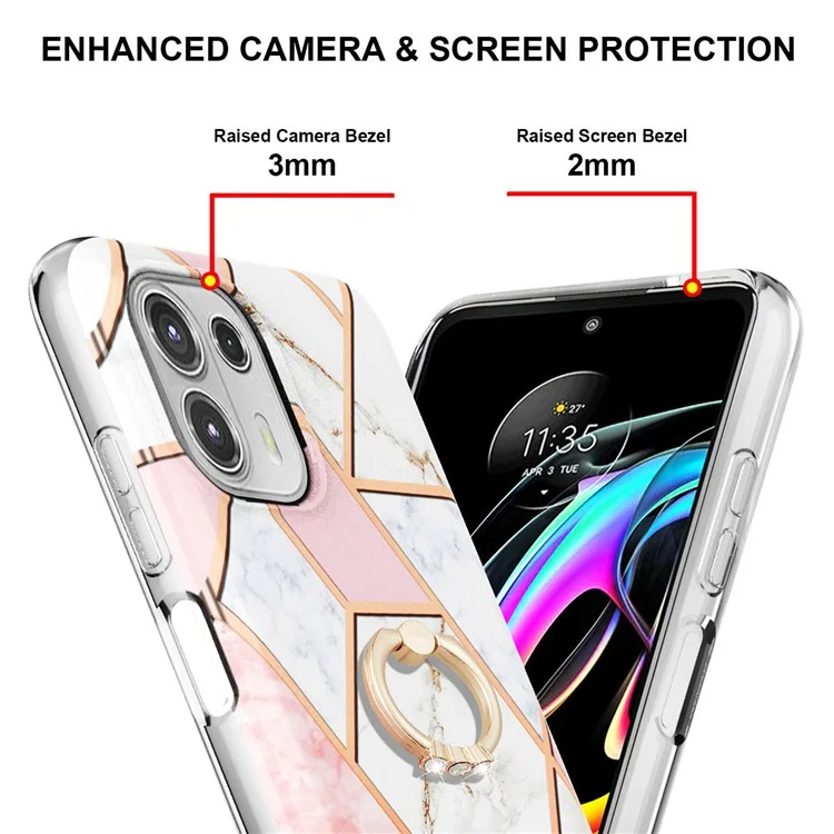 Funda protectora con patrón de mármol, antiarañazos y electrochapeada, con soporte de anillo para Motorola Edge 20 Lite - Rosa/Blanco