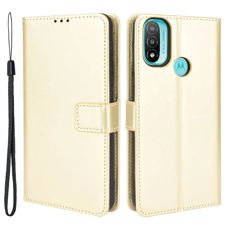 Flip Wallet Crazy Horse Texture PU Leather Stand Magnetic Protective Cover with Strap for Motorola Moto E20 - Gold