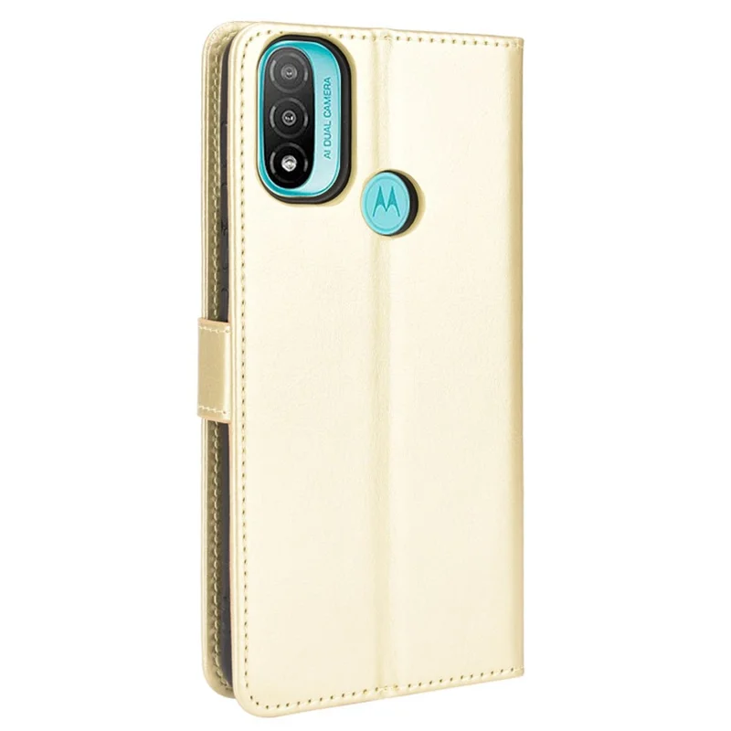 Flip Wallet Crazy Horse Texture PU Leather Stand Magnetic Protective Cover with Strap for Motorola Moto E20 - Gold