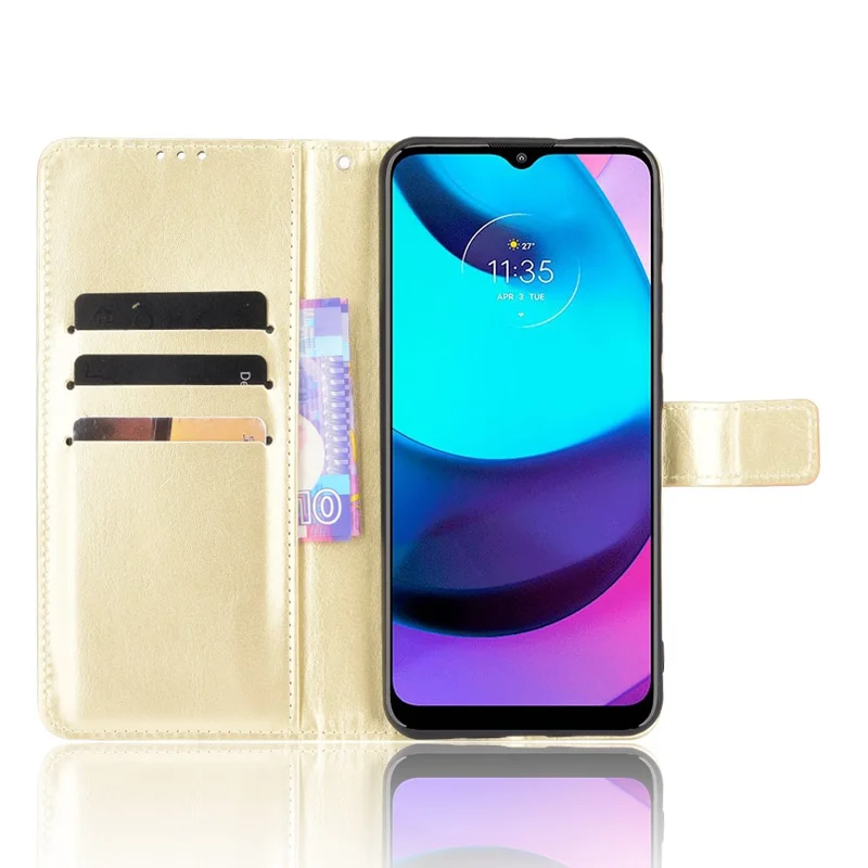 Flip Wallet Crazy Horse Texture PU Leather Stand Magnetic Protective Cover with Strap for Motorola Moto E20 - Gold