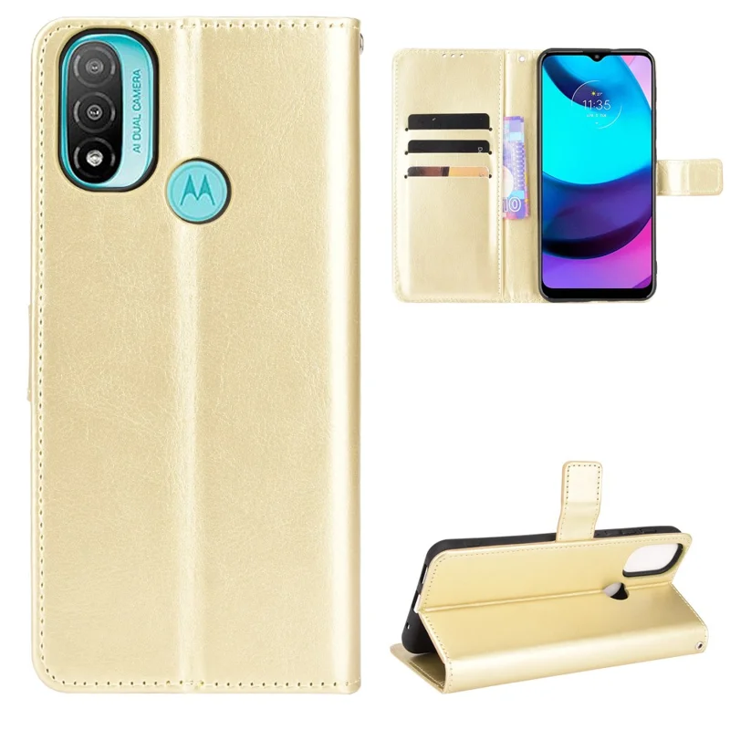 Flip Wallet Crazy Horse Texture PU Leather Stand Magnetic Protective Cover with Strap for Motorola Moto E20 - Gold