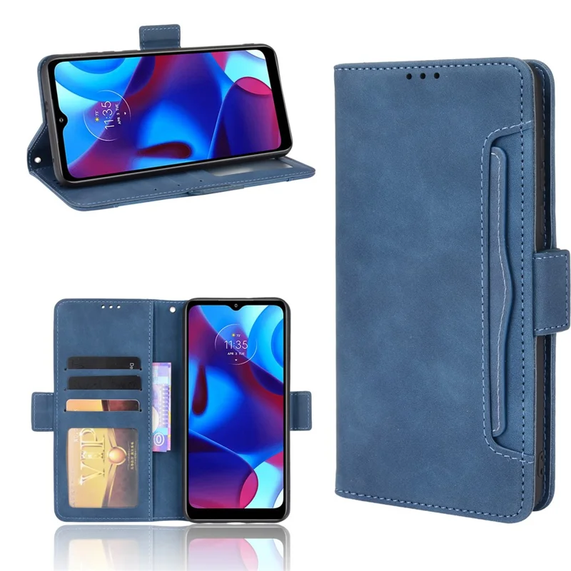 Multiple Card Slot Design PU Leather Wallet Stand Full-Protection Phone Cover Shell for Motorola G Pure - Blue