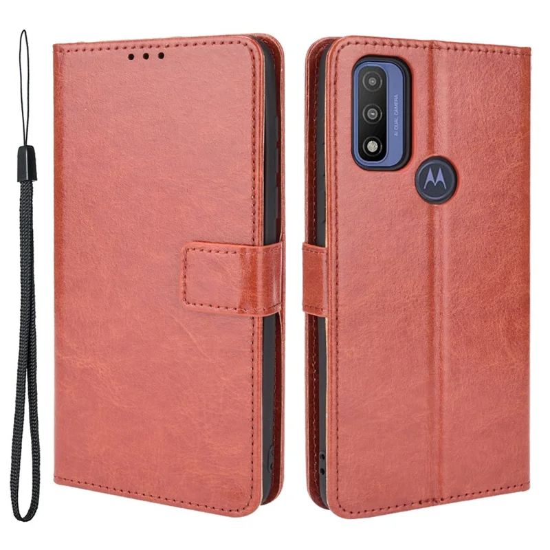 Ställbar böckesdesign med crazy horse-struktur, vikbar PU-läderfodral med rem för Motorola G Pure - Brun